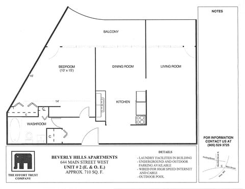Floor plan for 1 bed, 1 bath, 710 sqft